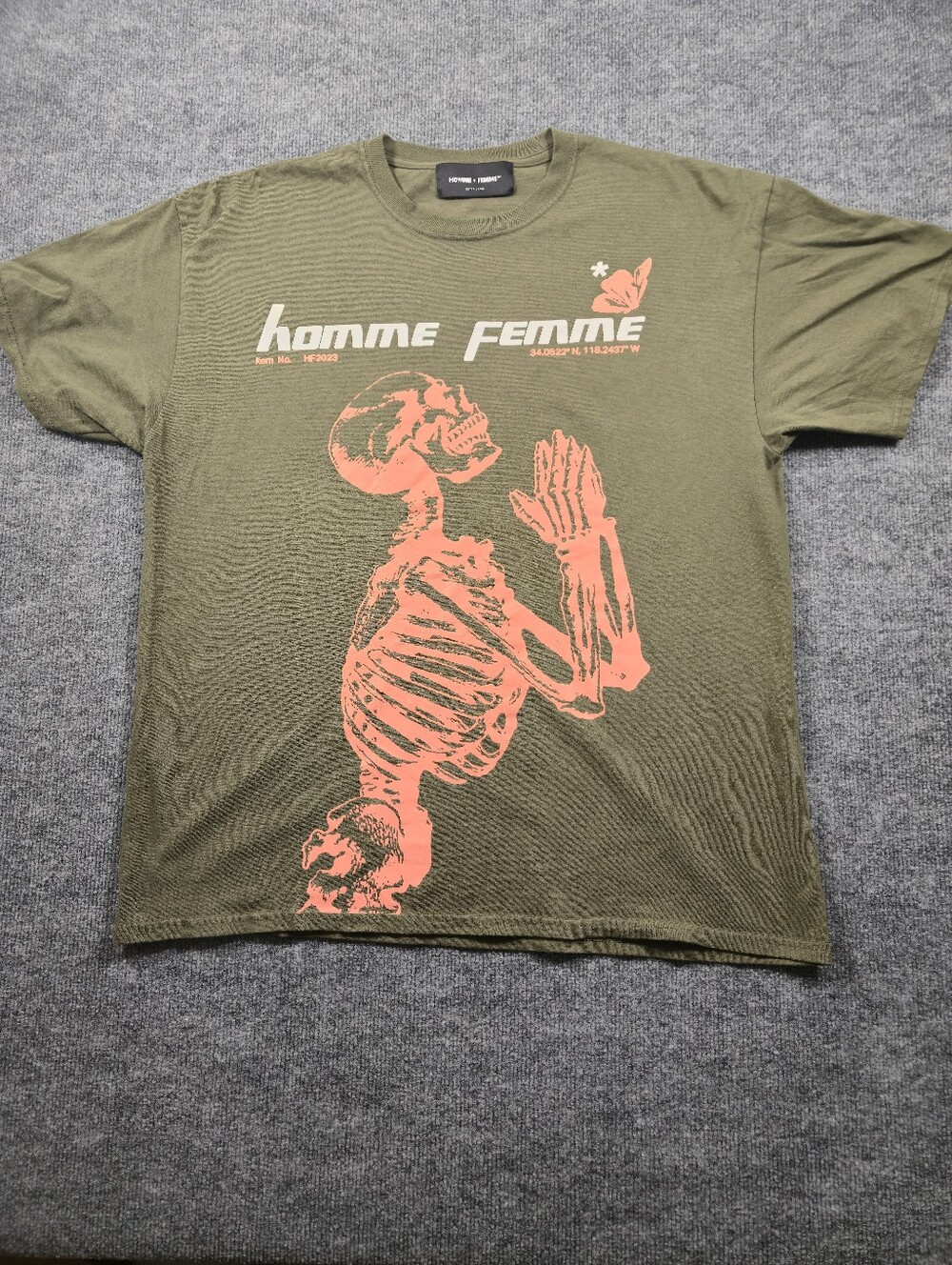 Homme+Femme Olive Green Praying Skeleton Graphic T-Shirt XL